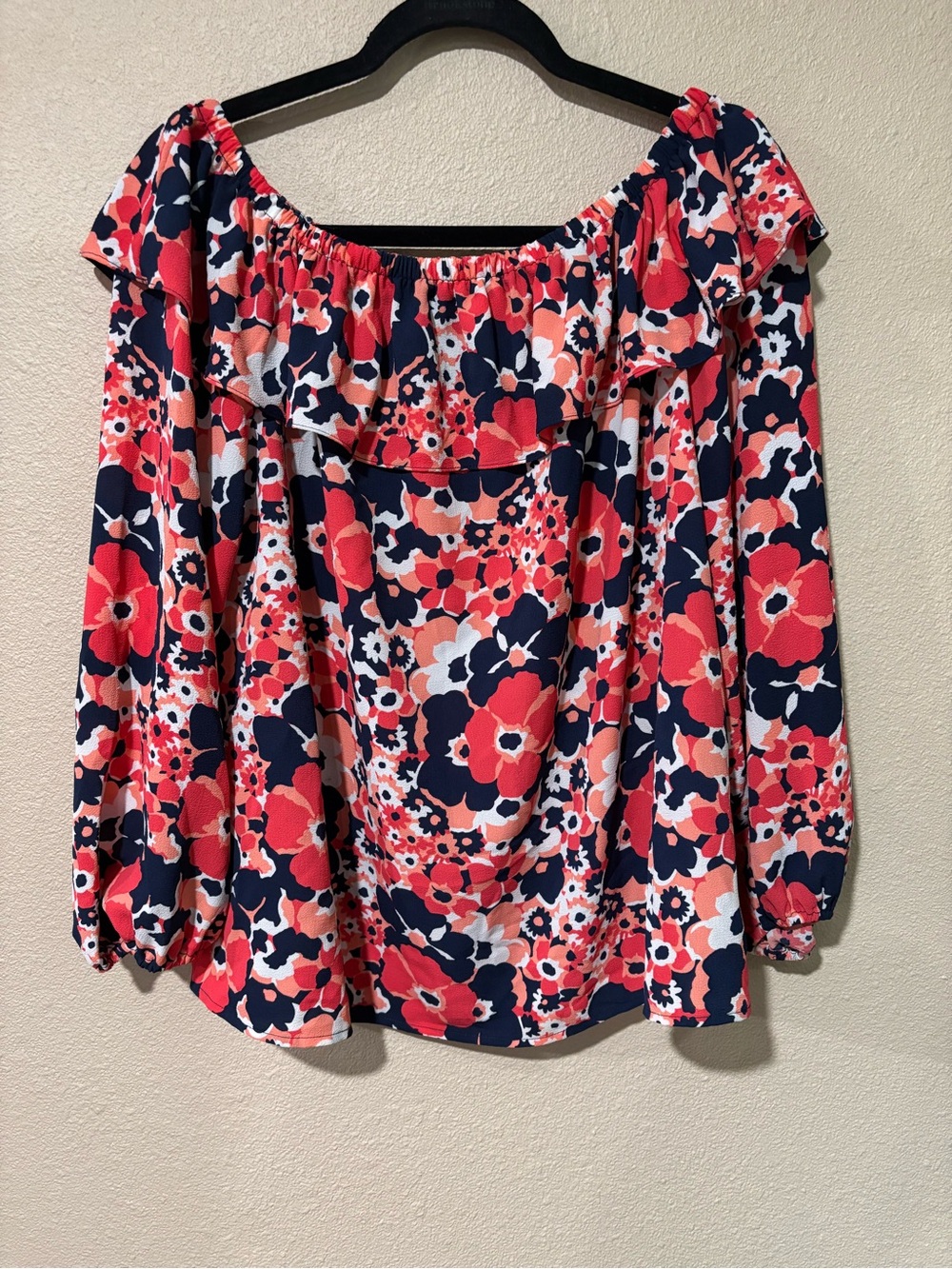 MICHAEL Michael Kors Coral and Navy Floral Off-Shoulder Blouse